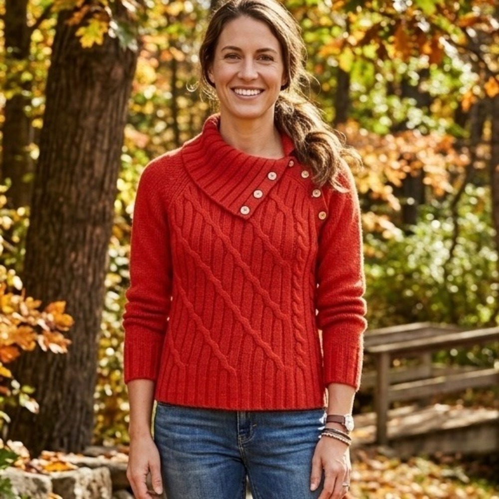Carraig Donn Ireland Pure New Wool Cable Knit Neck Button Sweater Women Medium